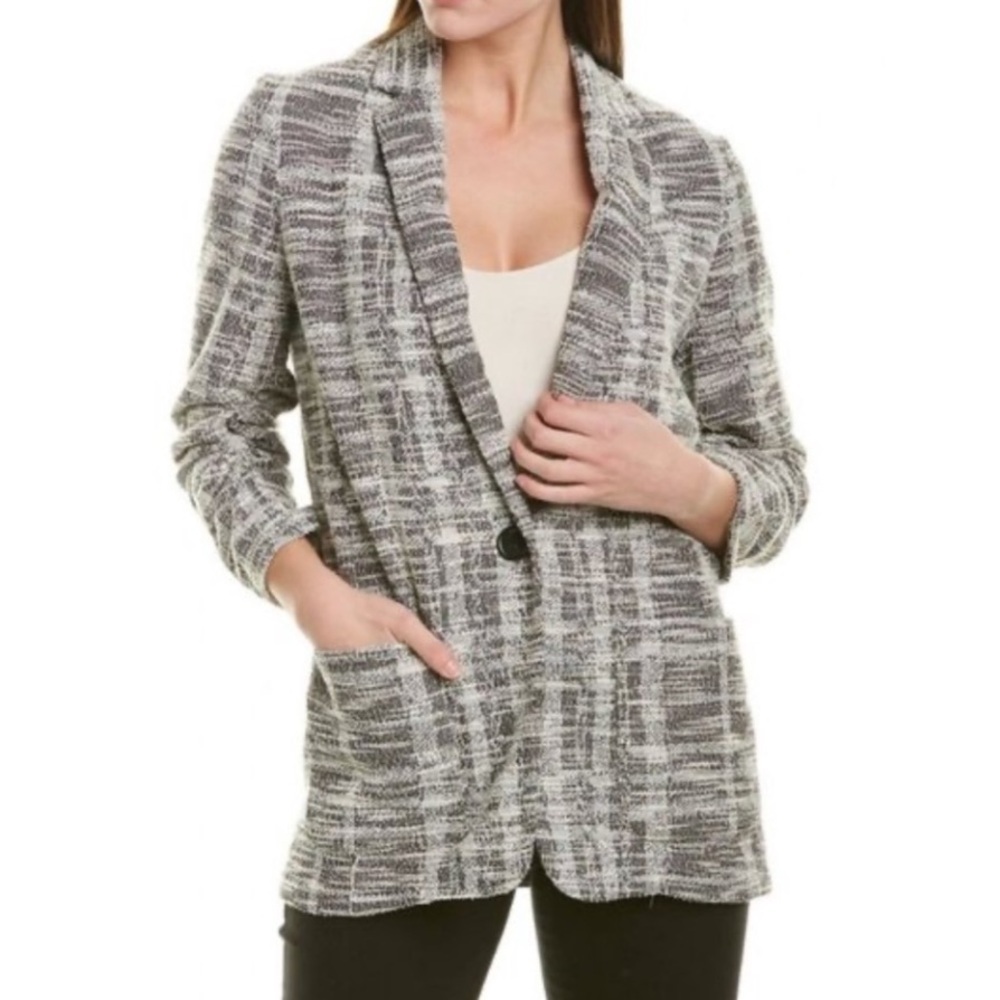 MAX STUDIO Women's Black and White Plaid Jacket. Size XS. 3/4 Ruched Sleeves.